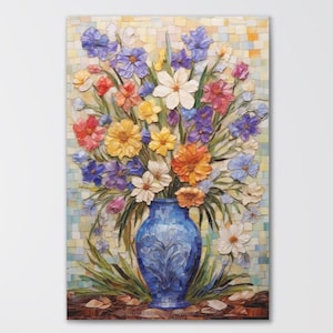 Flowers In Vase Canvas Print, Flowers In Vase Style Mosaic Painting, Vibrant Flower Wall Art, Vintage Vase with Wildflowers Home Wall Decor