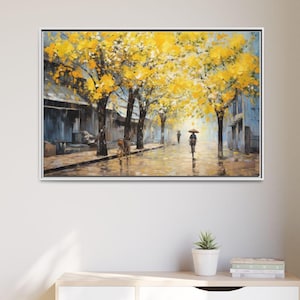 Golden Autumn Evening Art Print, Rainy City Street with Vibrant Foliage, Autumn City Canvas Gallery Wrap, Fall Wall Art, Cozy Home Decor