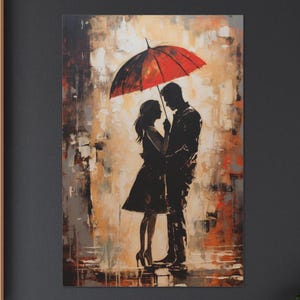 Under the Red Umbrella Canvas Print, Dreamy Walk Through a Rainy City at Dusk, Romantic Couple&#39;s Moment Captured in Art, Wall Home Décor