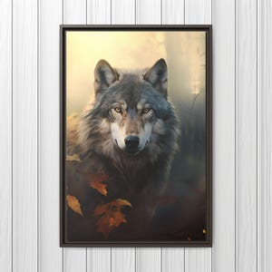 May include: A close-up portrait of a wolf with a gray and brown coat, looking directly at the camera. The wolf is standing in a forest setting with autumn leaves on the ground.