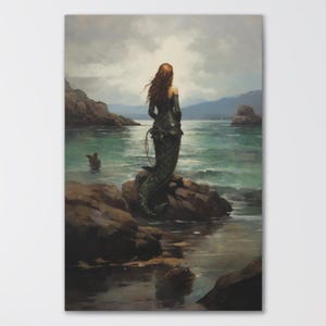 Seashore Mermaid Canvas Print, Mermaid on a Seaside Rock Painting, Mystical Beauty Mermaid Wall Art Decor, Sirene Art Print, Occult Art