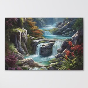 Canvas Art Prints Depicting Majestic Waterfall, Waterfall Between Mountains Canvas Print, Waterfall Nature Wall Art, Waterfall Decor, Forest