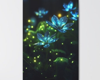 Green Bioluminescent Flowers Art Print, Glowing Green Flowers Canvas Wall Art, Neon Lights, Glowing Wildflowers, Living Room Art Decor