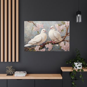 White Doves Canvas Art Print, Pair of Doves Wall Art, Bird Lovers Gift, Doves Wall Decor, Canvas in Silk Screen Style, Couple Gifts
