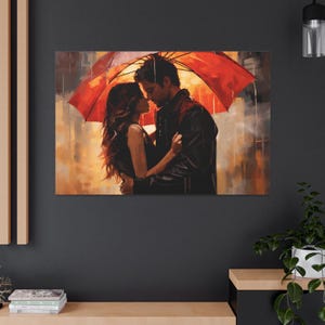 Evening Romance in the Rain Canvas Art Print, Couple Embraces Under a Red Umbrella in a Glowing City, Rainy Night Scene for Home Décor