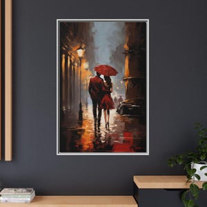 Couple Love In The Rain Canvas Print, Man and Woman Under Red Umbrella, Romantic Couples Wall Decor, Love Couples Painting, Romantic Decor