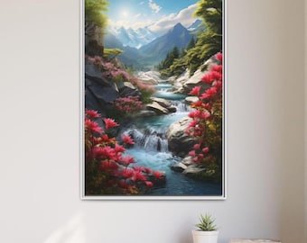 Waterfall Canvas Print: Forest, Mountains & Wildflower Wall Art