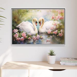 Pair of Swans in Love Canvas Wall Art Print, Swan Couple Wall Art, Swans Matte Poster, Anniversary Gift, Wedding Gift, Swans Framed Painting