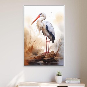 Elegant Stork Painting Wall Art, Vintage Retro Bird Art, Coastal Room Decor, Wildlife, Stork Canvas Print, Stork Wall Art, Framed Canvas