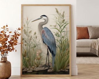 Blue Heron Wall Art Canvas Print, Vintage Coastal Bird Painting