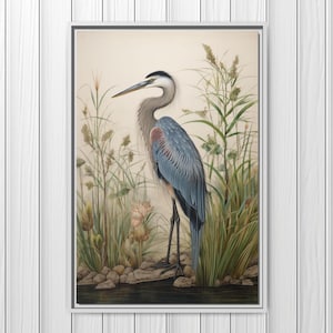 Blue Heron Painting Canvas Print, Great Blue Heron Wall Art, Vintage Heron Painting, Retro Bird Art, Minimalist Coastal Room Decor, Wildlife