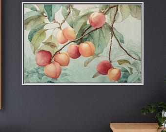 Vintage Pfirsichbaum Bild: Blumenbild, Botanisches Gemälde mit Rahmen