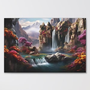 Waterfall Mountain Cascade Canvas Art Prints, Waterfall Wall Art, Canvas Print with Forest and Floral Waterfall Between Mountains Wall Decor