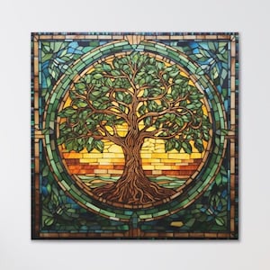 Tree of Life Mandala Canvas Art Print, Tree of Life Wall Art, Yggdrasil Painting Canvas, Stained Glass Effect, Norse Mythology Wall Art