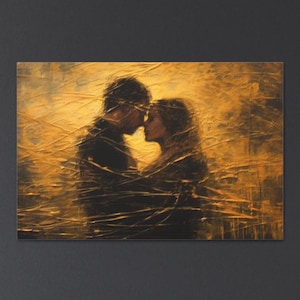 Lovers Embrace Canvas Art Print: Romantic Couple Painting, Valentines Gift