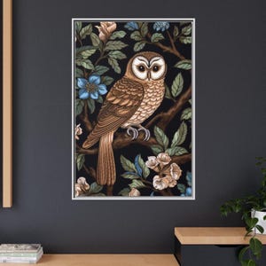 Owl Painting, William Morris Inspired Owl Art Print, Owl Wall Art, Birds Flowers Canvas, Vintage Owl Framed Canvas Art Print Wildlife Nature