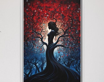 Spiritual Mother Earth Gaia Canvas Art Print, Mother Nature Painting, Female Tree of Life Wall Art, Female Goddesses, Black Red Blue Tree