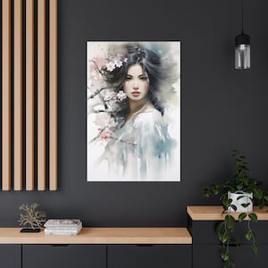 Japanese Geisha Art Print, Elegant Geisha In Kimono With Sakura Flowers, Japanese Home Decor, Beautiful Geisha Wall Art, Canvas Asian Art