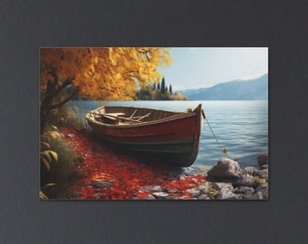 Old Boat by the Riverbank Art Print, Riverside Scenery, Vintage Fishing Boat Painting, Autumn Landscape, Vintage Fishing Boat, Boat On River