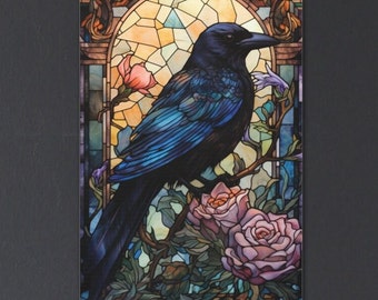 Black Raven Mosaic Style Canvas, Victorian Raven with Flowers Art Print, Gothic Style Mythical Crow Painting, Vintage Black Raven Wall Art