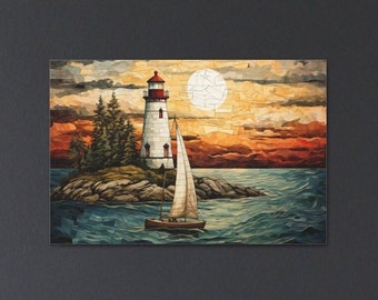 Lighthouse Canvas Art Print, Colorful Sunset Sea Landscape Painting, Lighthouse Mosaic Style Wall Art, Vibrant Seascape Print, Light House