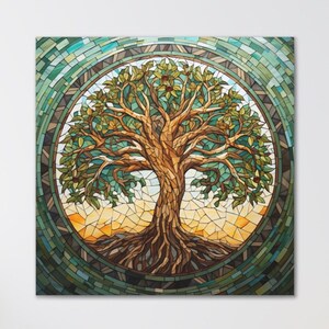 Mandala Yggdrasil Canvas Art Print, Colorful Mandala Tree of Life, World Tree Wall Art, Green Tree of Life Painting, Stained Glass Effect