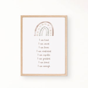 Rainbow Affirmations for kids digital, Neutral Affirmations Print, I am Kind Smart Loved, Nursery Decor, PRINTABLE Wall Art boy girl boho
