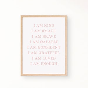 Afirmaciones para niños digitales, Impresión de afirmaciones rosas, Soy amable e inteligente amada, Decoración inspiradora de la guardería, Chica de arte de pared IMPRIMIBLE