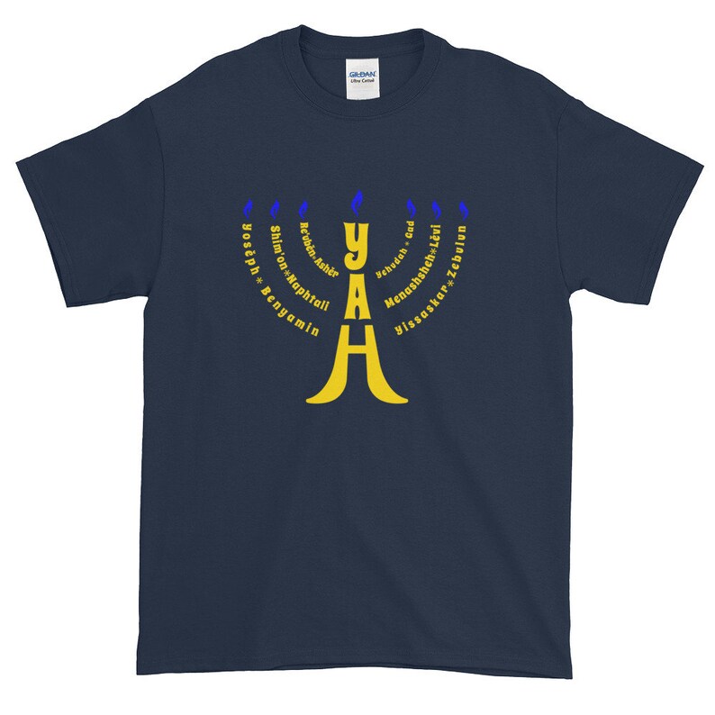 May include: A navy blue t-shirt with a yellow menorah design. The menorah is surrounded by the names of the 12 tribes of Israel in blue text.