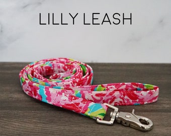 Lilly Dog Leash - Painted Rose Floral Pet Leash, Drawn Flowers, Pink, Green, Blue, Cotton Comfort Grip Leash, Made in America
