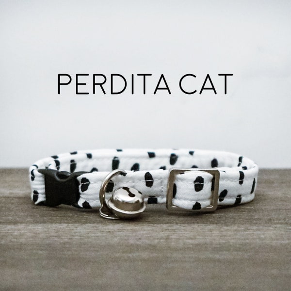 Perdita Cat Collar - Black and White Spotted Breakaway Buckle Collar with Bell, Handmade in the USA