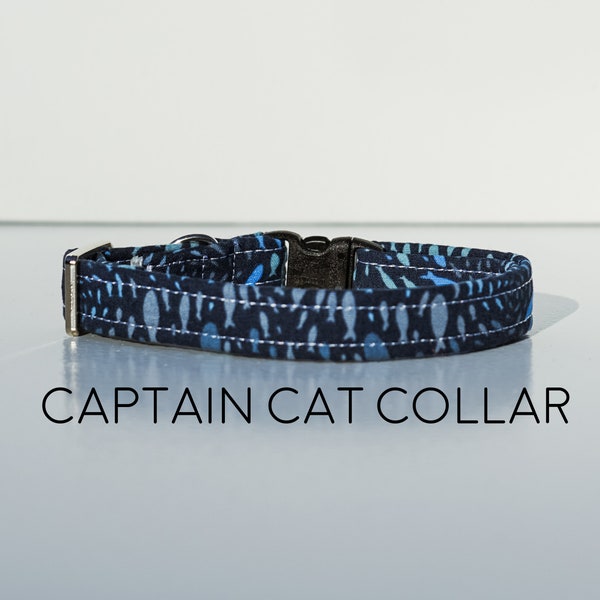 Captain Cat Collar, Fish, School of Fish, Fishing, Fisherman, Blue, Dark Blue, Navy, Light Blue, Breakaway Buckle, Made in the USA