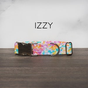 May include: A colorful dog collar with a white background and orange, pink, and blue watercolor-like designs. The collar has a silver buckle and two silver D-rings. The text "IZZY" is printed above the collar.