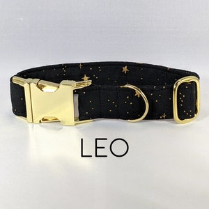 Leo Dog Collar, Black and Gold Stars Pet Collar, Metallic, Shimmer, Embroidered, Starry, Sky, Metal Buckle, American Made, Made in the USA