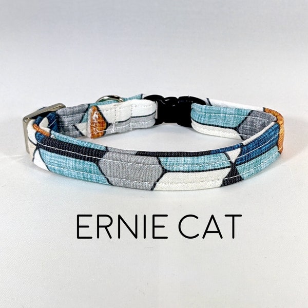 Ernie Cat Collar, Geometric, Blue, Orange, Hexagon, Teal, Turquoise, Modern Fall Colors, Breakaway Cat Collar with Bell, Made in the USA