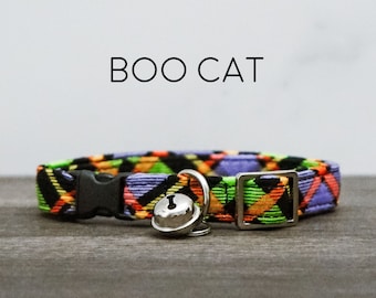 Boo Cat Collar - Halloween Plaid Breakaway Collar with Bell, Orange, Green, Black, and Purple Plaid, Made in the USA