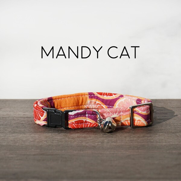 Mandy Cat Collar - Oranges and Grapefruit Breakaway Pet Collar with Bell, Pink, Fruit, Orange, Grapefruit, Summer, Yellow, Made in the USA