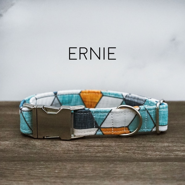 Ernie Dog Collar, Blue, Orange, Geometric, Teal, White, Hexagon, Embroidered, Navy, Metal Buckle, American Made, Made in the USA