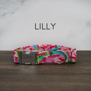 Lilly Dog Collar - Pink Drawn Flowers, Painted Roses, Bright, Green, Blue, Floral, Modern Dog Collar, Made in America