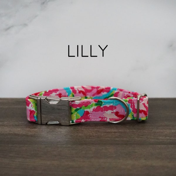 Lilly Dog Collar - Pink Drawn Flowers, Painted Roses, Bright, Green, Blue, Floral, Modern Dog Collar, Made in America