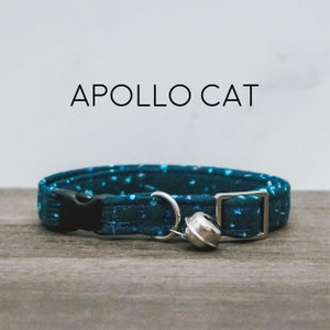 Apollo Cat Collar, Navy and White Stars, Moon Phases, Teal, Starry, Sky, Night, Breakaway Cat Collar with Bell, Made in the USA image 1