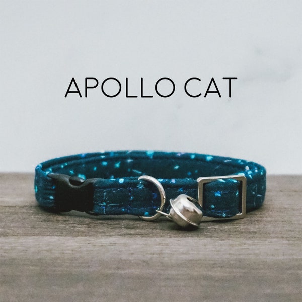 Apollo Cat Collar, Navy and White Stars, Moon Phases, Teal, Starry, Sky, Night, Breakaway Cat Collar with Bell, Made in the USA