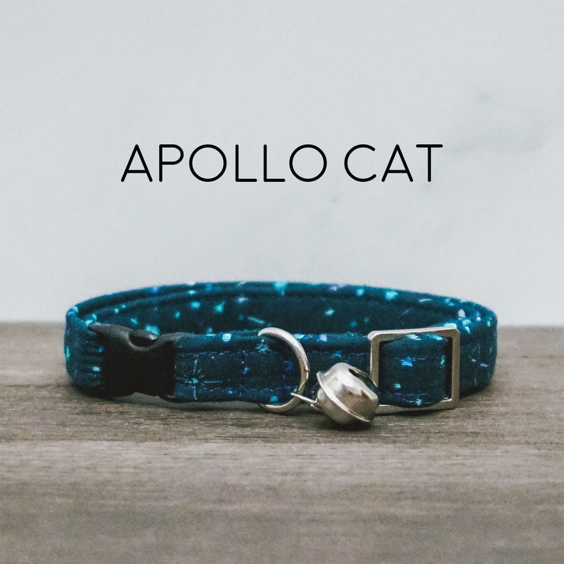 Apollo Cat Collar, Navy and White Stars, Moon Phases, Teal, Starry, Sky, Night, Breakaway Cat Collar with Bell, Made in the USA image 1