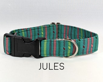 Jules Dog Collar, Holiday Striped, Festive Stripe Pet Collar, Green, Burgundy, Pink, Lime, Emerald, Made in America