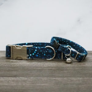 Apollo Cat Collar, Navy and White Stars, Moon Phases, Teal, Starry, Sky, Night, Breakaway Cat Collar with Bell, Made in the USA image 3