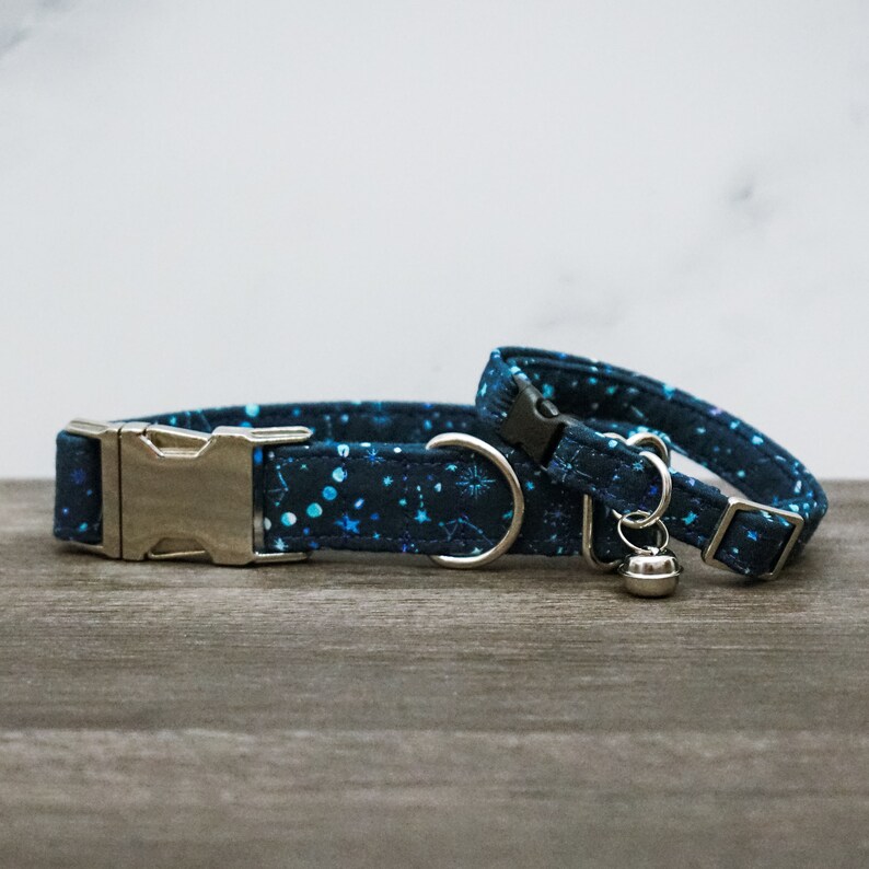 Apollo Cat Collar, Navy and White Stars, Moon Phases, Teal, Starry, Sky, Night, Breakaway Cat Collar with Bell, Made in the USA image 3