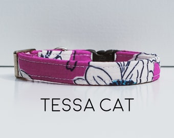 Tessa Cat Collar - Bright Magenta Floral Cat Collar with Bell, Blue, Peach, Black, White, Pink, Bright Pink, Made in the USA