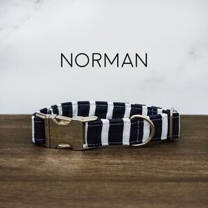 Dog Collar - Navy Stripes, Made in the USA, Handmade, White Striped, Boy Dog Collar, Neutral Collar, Optional Leash Set Add On