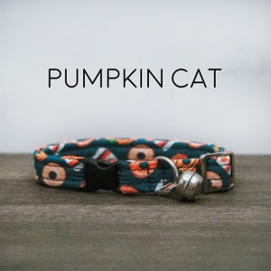 Pumpkin Cat Collar Navy Pumpkin Donut, PSL, Pumpkin Spice Latte, Fall, Autumn, Halloween, Breakaway Cat Collar with Bell, Made in the USA image 1
