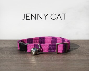 Jenny Cat Collar - Pink and Purple Stripe Breakaway Buckle Collar with Bell, Hot Pink, Burgundy, Maroon, Stripes, Striped